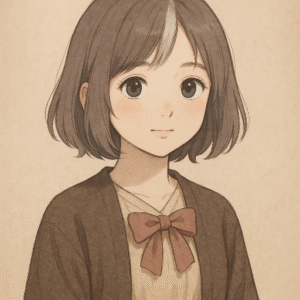 ボブカットの若い女性が微笑んでいる、やわらかい色合いの水彩風イラスト
