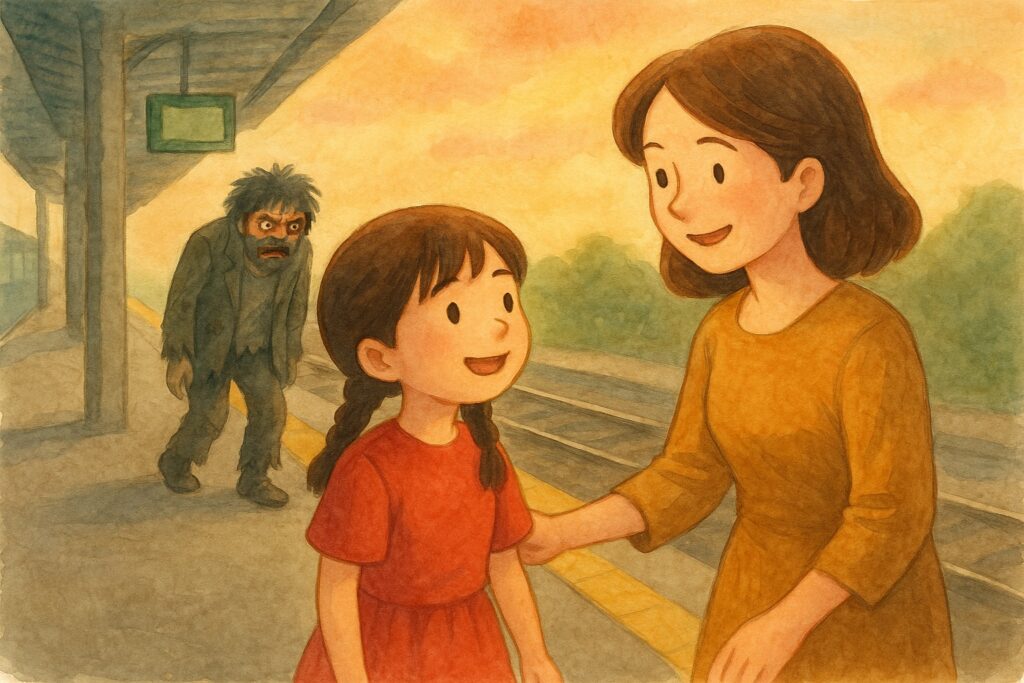 夕焼けのホームで親子が会話する中、遠くから影のような男性が忍び寄る印象的な一場面
