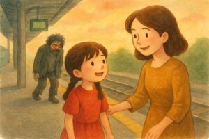夕焼けのホームで親子が会話する中、遠くから影のような男性が忍び寄る印象的な一場面