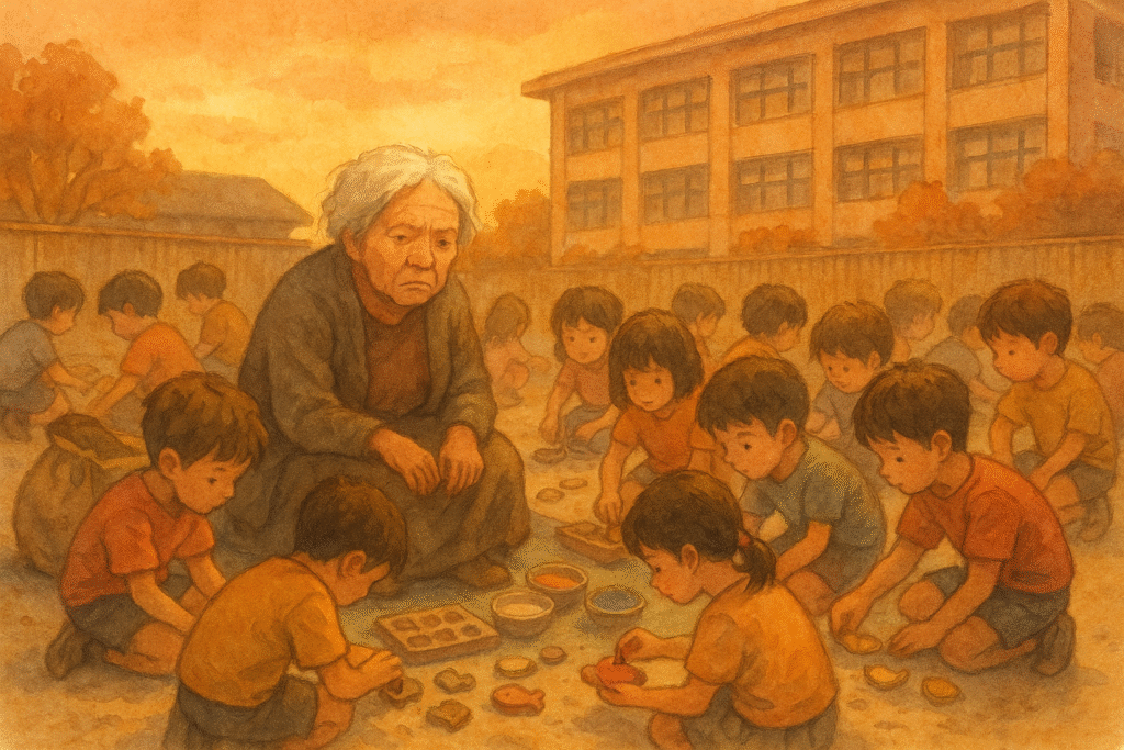昭和の放課後、小学校の校庭でカタ屋の女性と粘土遊びをする子どもたちの水彩イラスト