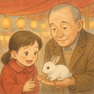 お酉さんの縁日で、祖父と一緒に「テーブルうさぎ」を見ている少女のイラスト