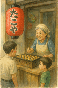 赤い大きなちょうちんの下で、たこ焼きを焼くご年配の女性と、それを待つ親子の昭和の情景