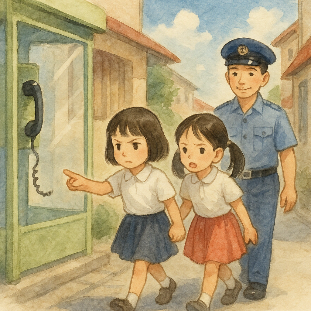 昭和の山谷で、小学生2人が壊れた公衆電話のもとへ警察官を案内する様子