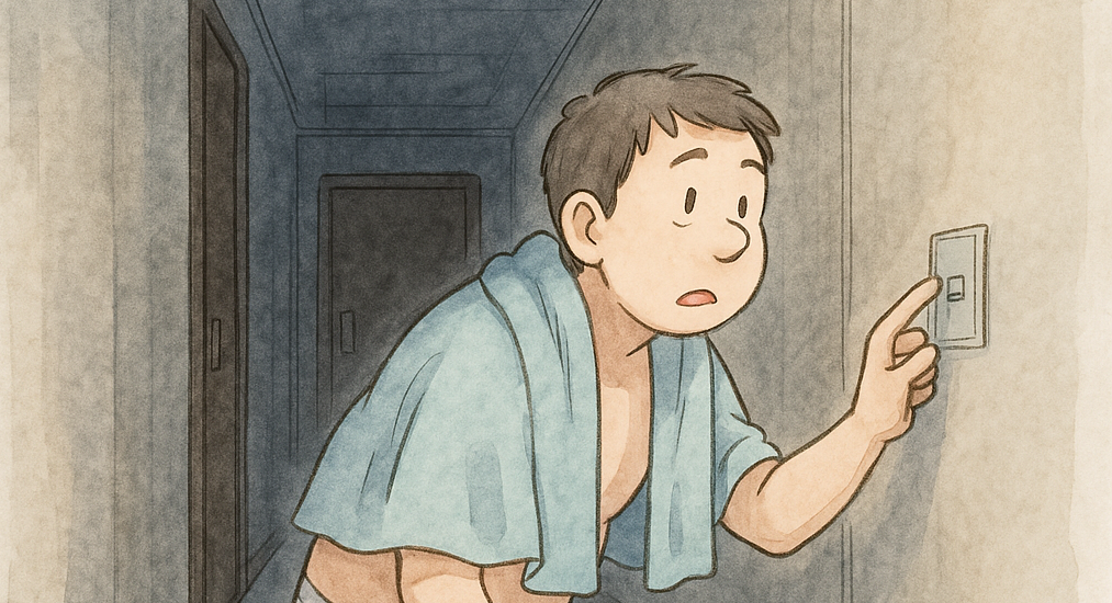 社員寮の廊下で電気のスイッチを探しているパンツ姿の男性
