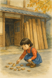 昭和の山谷、製材所の前で木の切れ端を拾い集める小さな女の子。形の異なる木片は、子どもたちとって貴重な「世界にひとつだけの積み木」だった。
