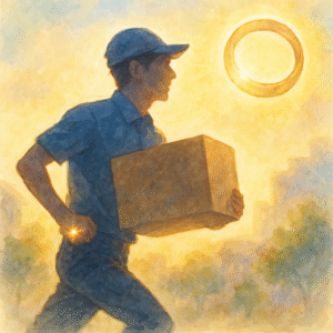 夕陽を背に荷物を抱えて走る若い配達員のシルエット。薬指の指輪と背景に浮かぶリングが輝き、温かな水彩タッチで描かれている。