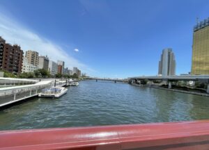 吾妻橋の上から見た隅田川と水上バスの乗り場。川沿いにはビルが並び、夏空が広がっている。