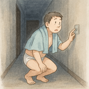 社員寮の廊下で電気のスイッチを探しているパンツ姿の男性