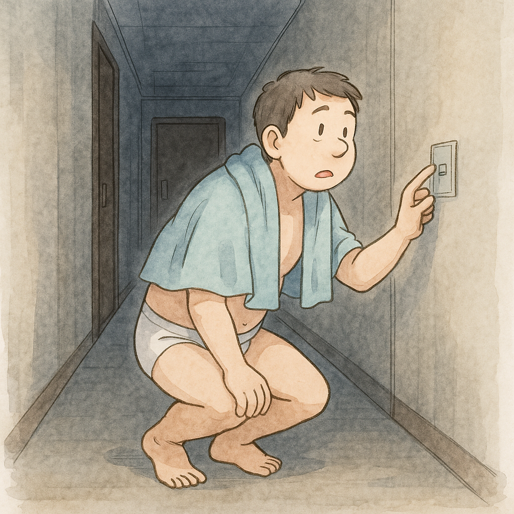 社員寮の廊下で電気のスイッチを探しているパンツ姿の男性