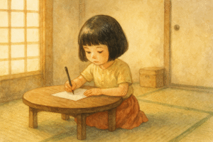 昭和の和室で、ちゃぶ台に向かい手紙を書くおかっぱ頭の小学1年生の女の子の水彩画イラスト