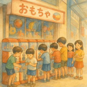 昭和の商店街で、ガチャガチャをする小学生たちと玩具店の様子