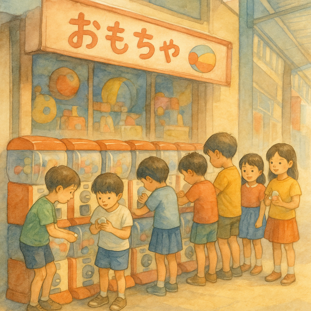 昭和の商店街で、ガチャガチャをする小学生たちと玩具店の様子