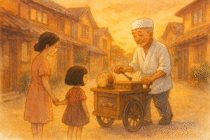 昭和の夕暮れ、屋台で太鼓を叩きながらきび団子を売る男性と、それを買う親子の下町風景