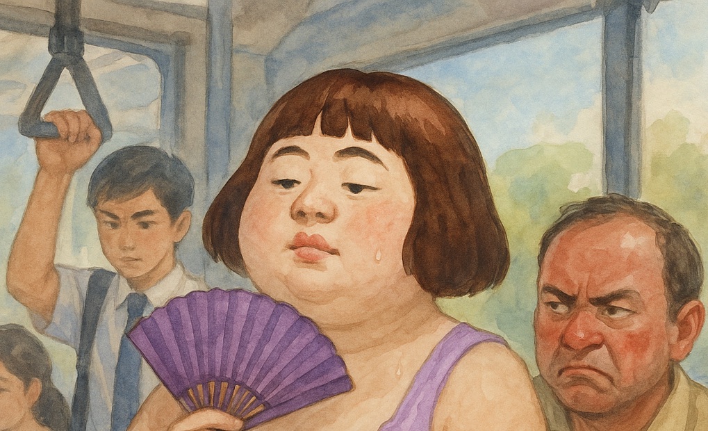 夏のバスで、紫のワンピースを着た女子学生が扇子で顔を仰ぎ、隣の中年男性が不快そうに見ている。