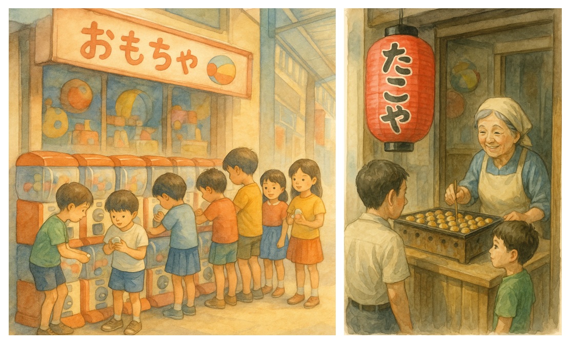 左側に昭和の商店街で、ガチャガチャをする小学生たちと玩具店の様子と、右側に赤い大きなちょうちんの下で、たこ焼きを焼くご年配の女性と、それを待つ親子の昭和の情景