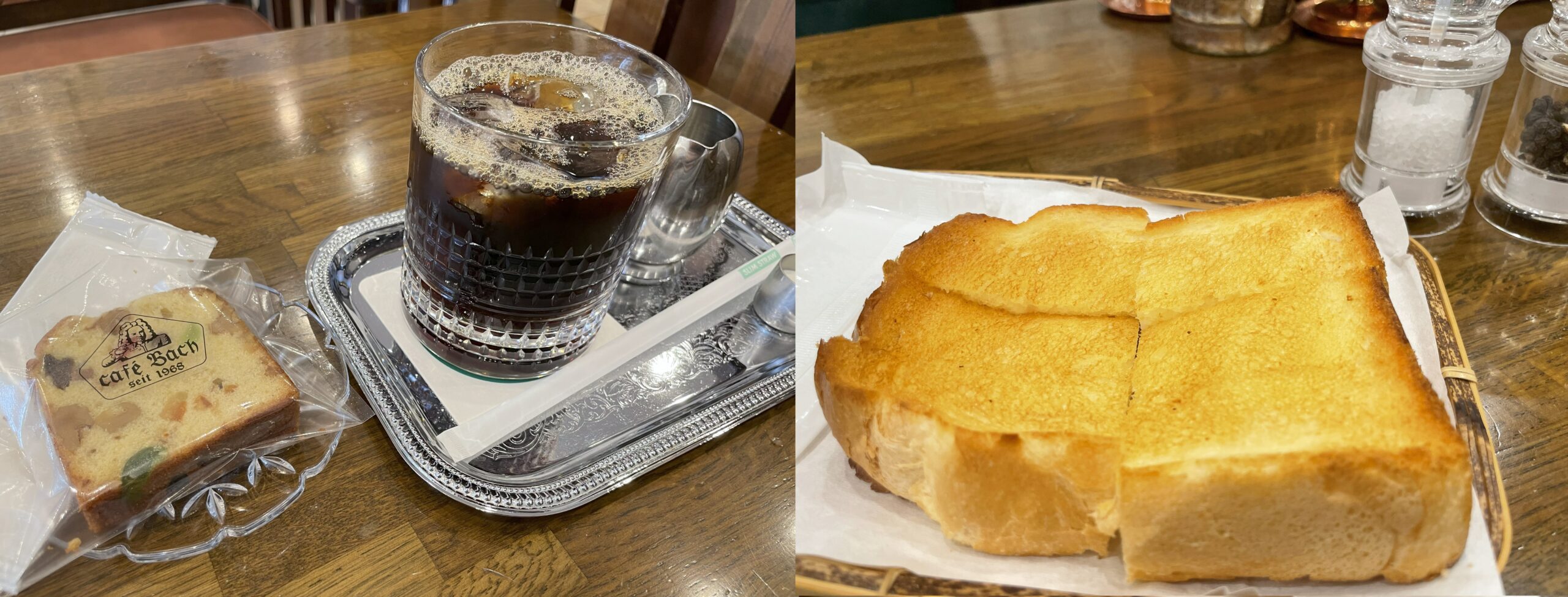 左側にアイスコーヒーとフルーツケーキ、右側に焼きたてのバタートーストが置かれている
