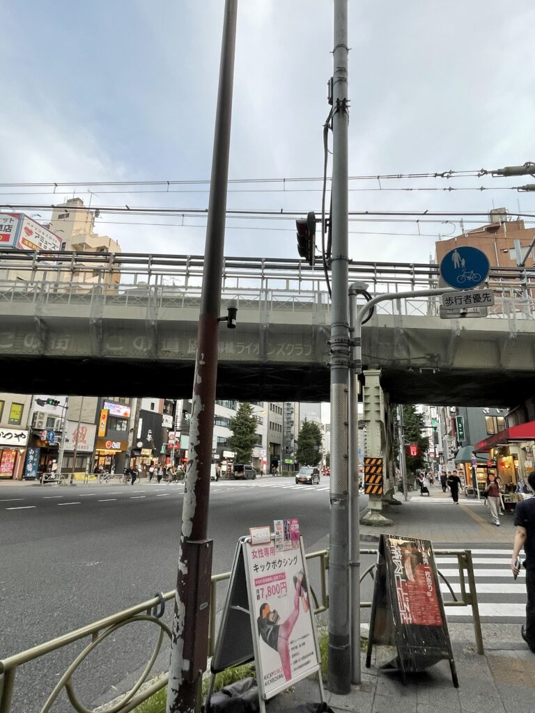 浅草橋駅近くの高架下交差点と周辺の飲食店や看板