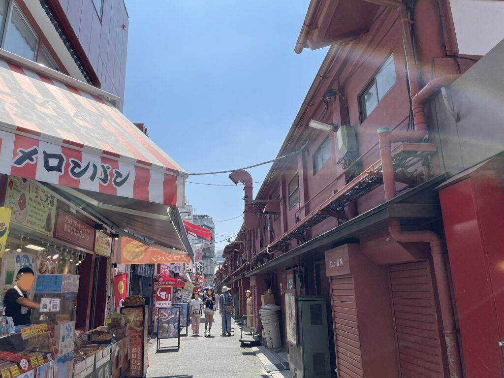 仲見世の裏通り。昔ながらの建物が並び、今も当時の雰囲気を残している。