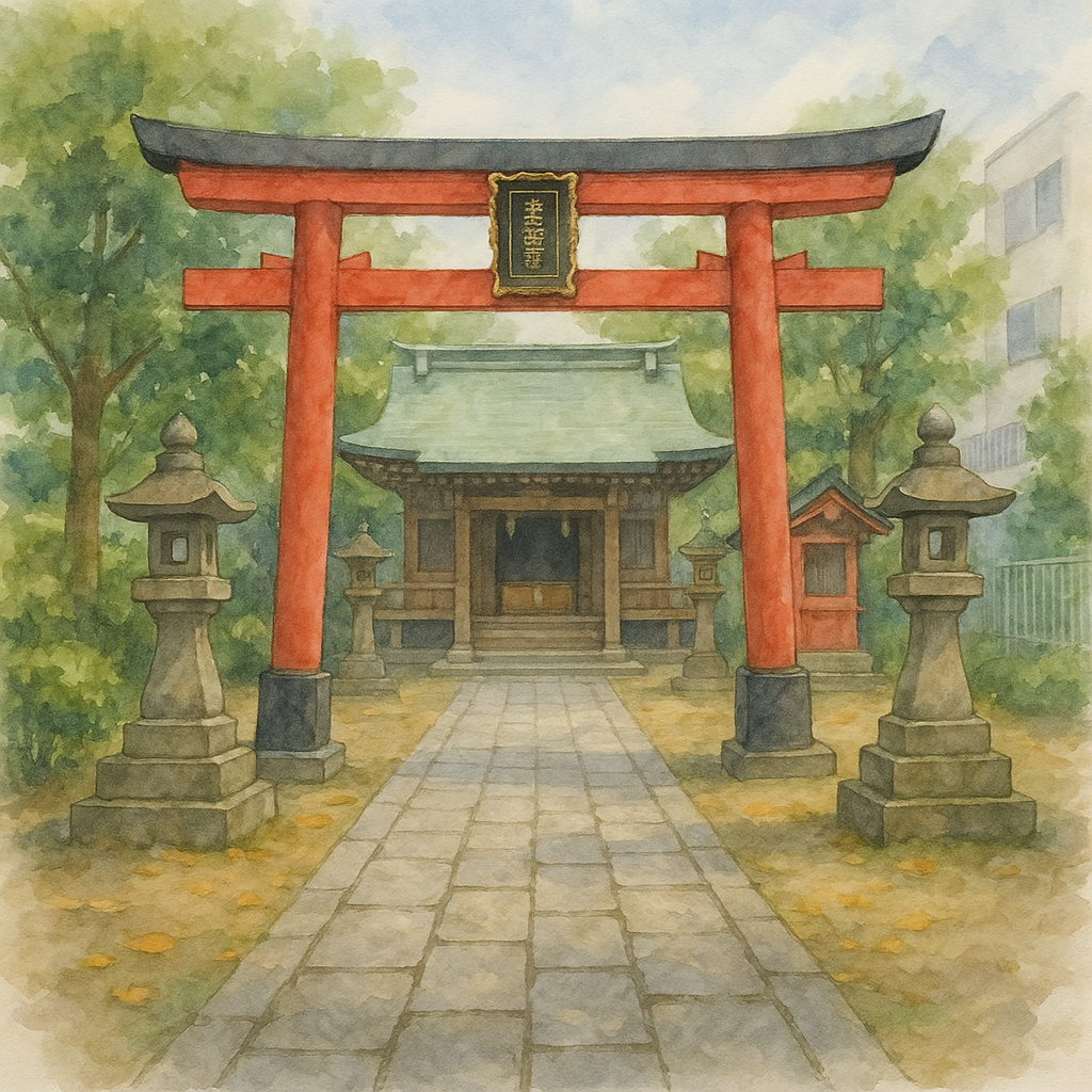 水彩画で描かれた、赤い鳥居と石畳の参道が続く静かな神社の風景。参道の先に社殿があり、両脇には灯籠が並ぶ。平成の終わり頃の休日、午前中の柔らかな光が差し込む様子。