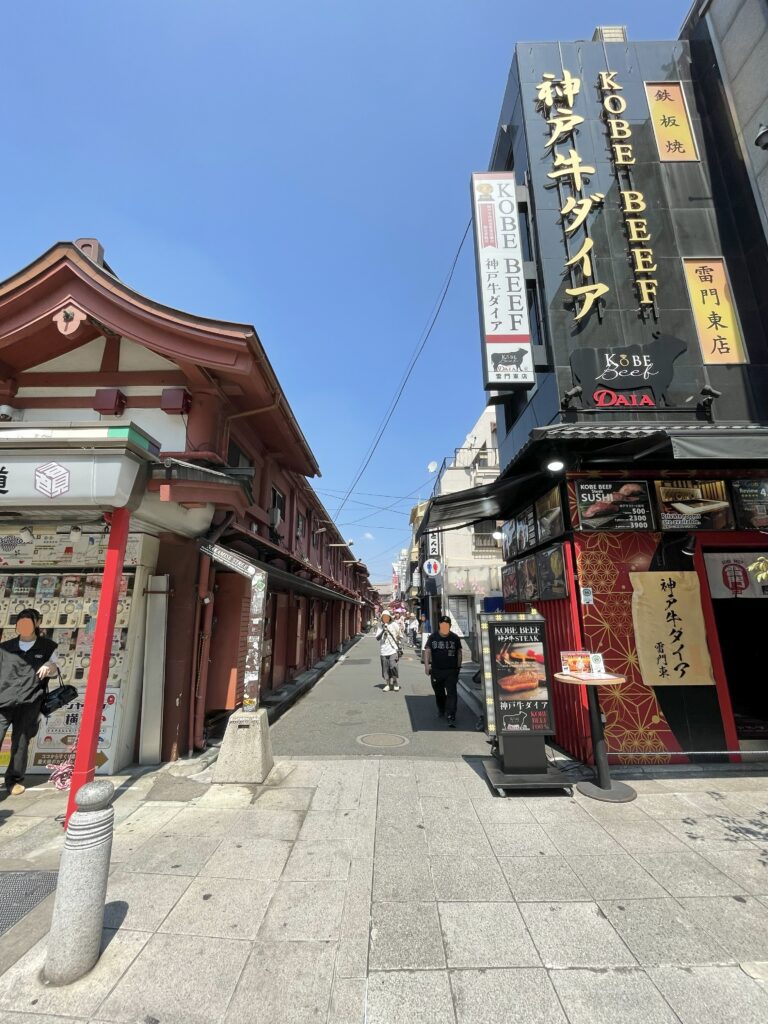 仲見世の後ろの通りの入口。並んでいる店舗の前を、人々が歩いている。