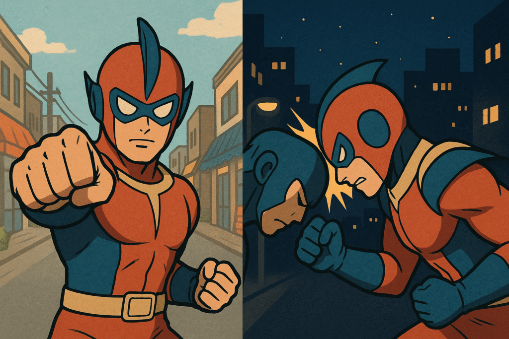 昼の商店街を背景に拳を突き出すヒーローと、夜の町中で頭突きをするヒーローを描いた二画面構成のイラスト。昭和風の特撮ヒーローのようなデザイン。