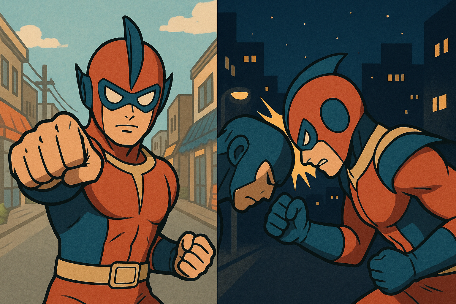 昼の商店街を背景に拳を突き出すヒーローと、夜の町中で頭突きをするヒーローを描いた二画面構成のイラスト。昭和風の特撮ヒーローのようなデザイン。