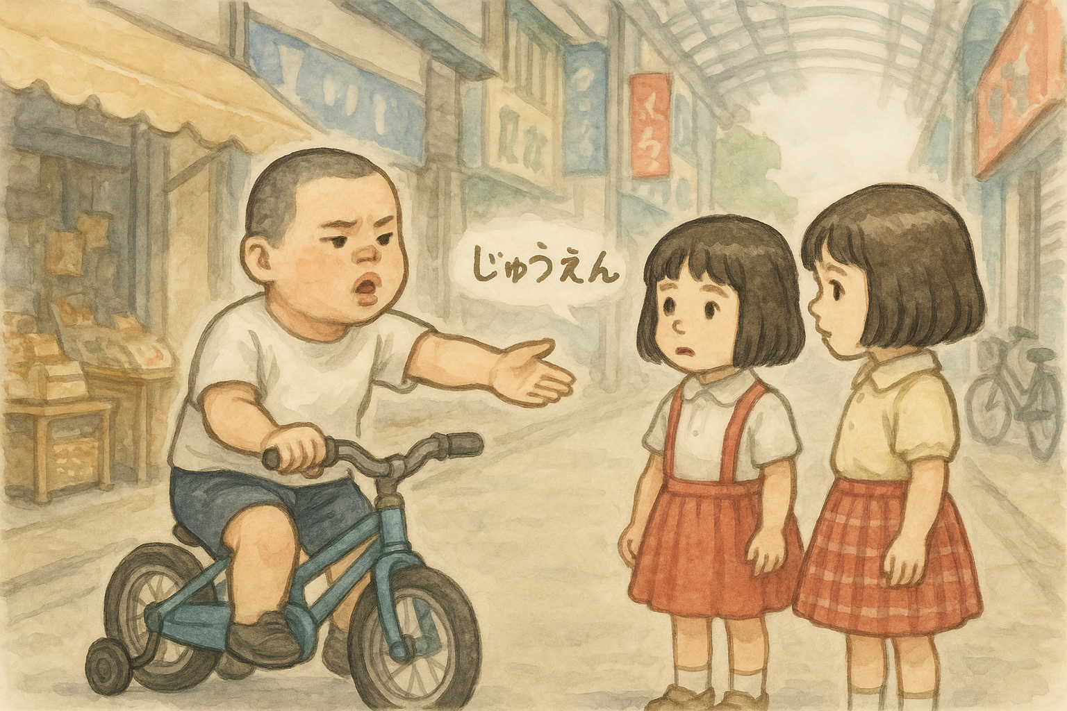 昭和の商店街で、補助輪付き自転車に乗った坊主頭の男子児童が、年下の女子児童2人に「10円ちょうだい」と赤ちゃん言葉で手を出している様子。