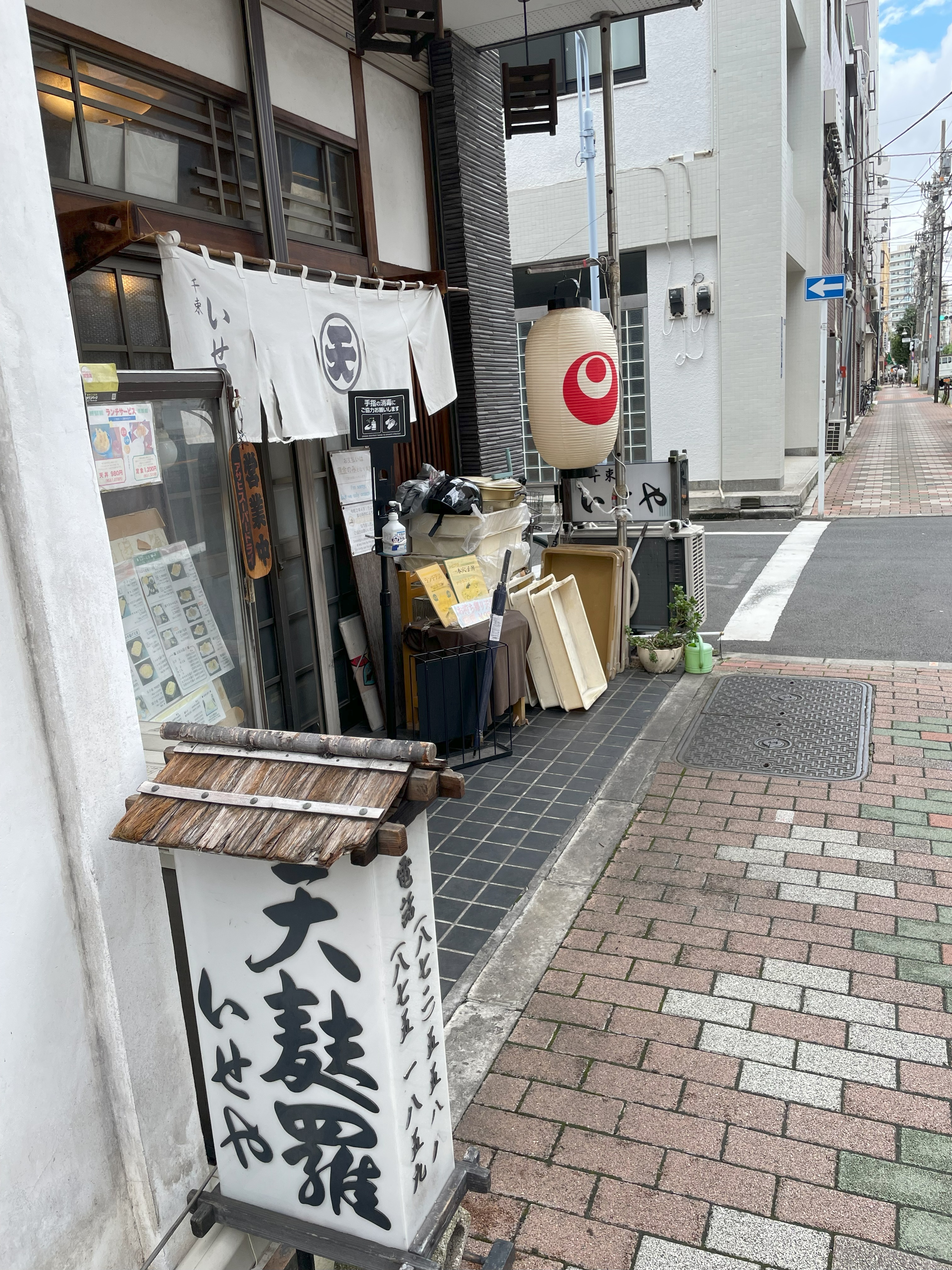 金美館通りの街並み。周囲のビルと電線が交差し、下町の風景が広がる。