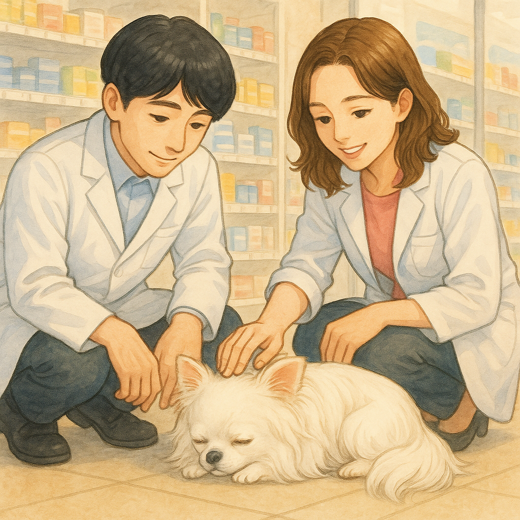 ドラッグストアの床で眠る白いチワワのクーちゃんを、薬剤師の男女スタッフが優しくなでている。