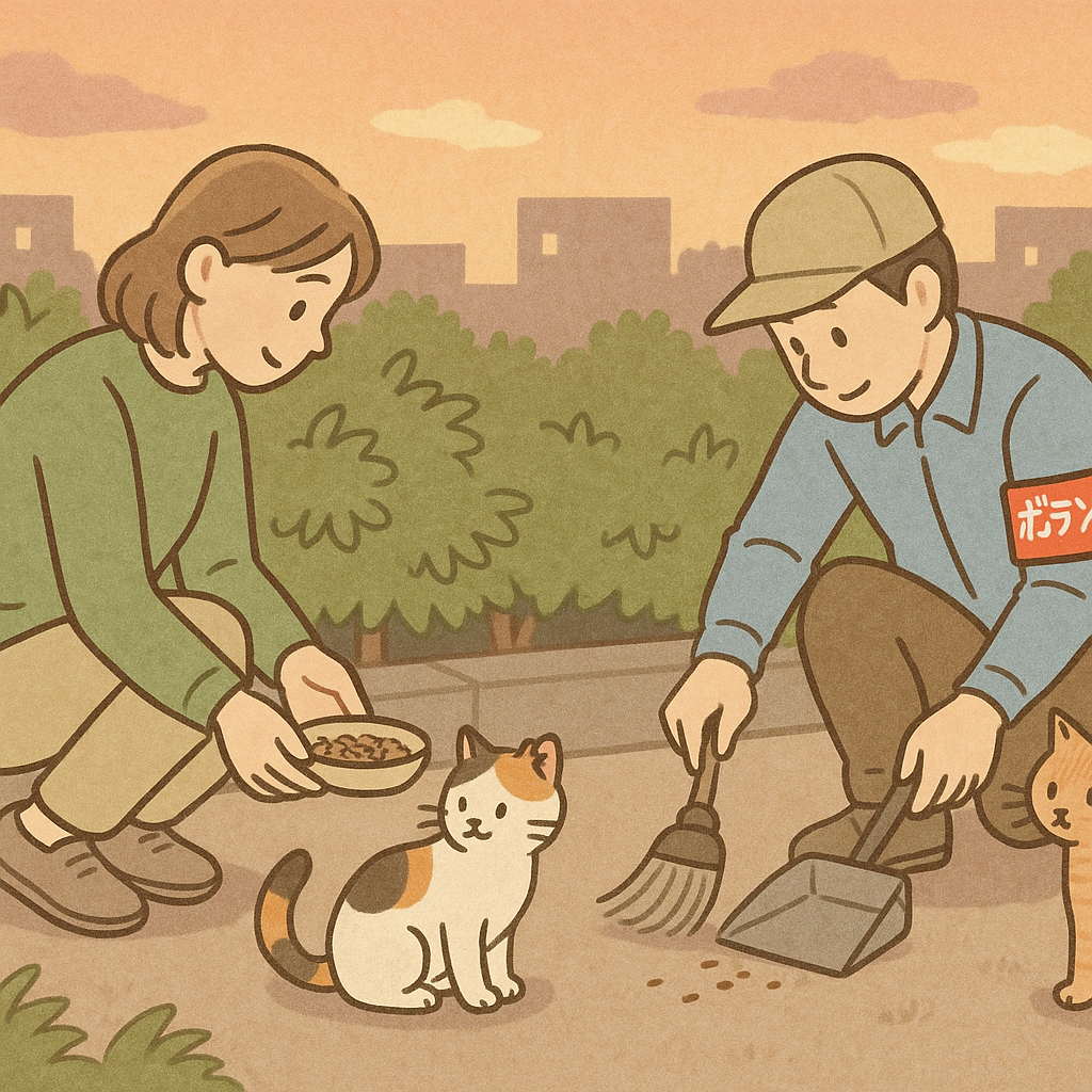 夕方、ボランティアたちが地域猫たちへご飯をあげ、トイレ清掃をしている。