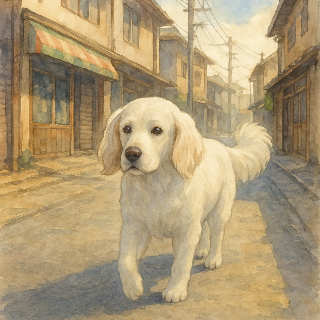 昭和の下町を歩く白い犬シロちゃんのイラスト。垂れた耳とふわっとした尻尾が特徴で、やさしい表情を浮かべている。