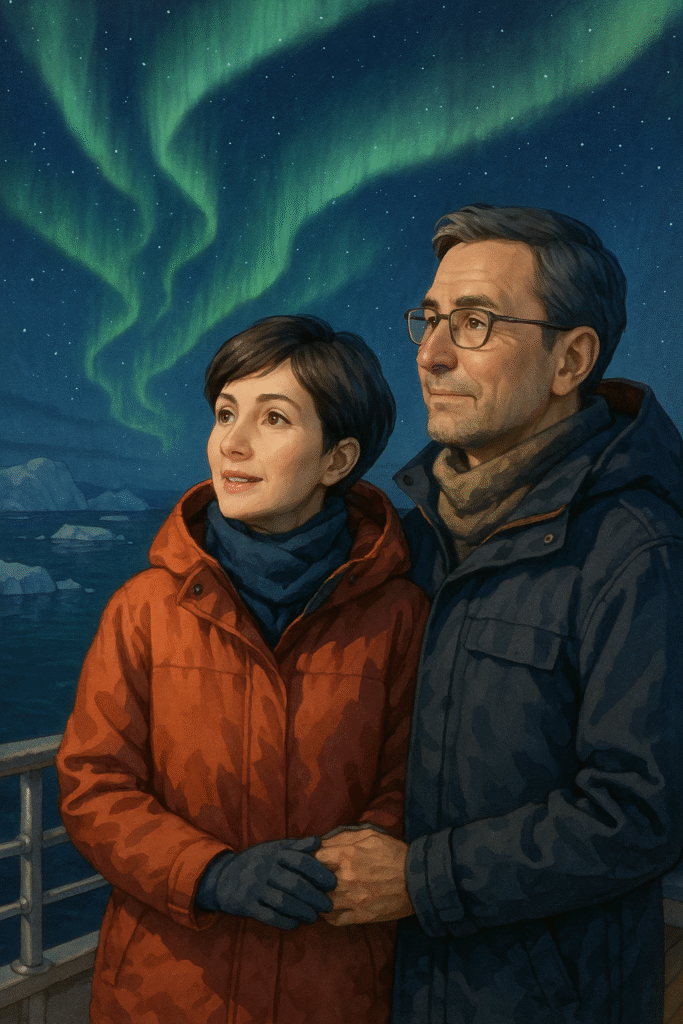 南極のクルーザーの上で、40代後半の女性と50代前半の男性が夜空に広がるオーロラを見上げている様子。二人は防寒着を着て寄り添い、静かに輝く星空の下で幸せそうに微笑んでいる。
