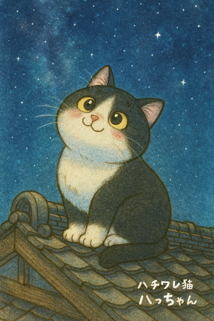 可愛いハチワレ猫が日本家屋の屋根の上から夜空を見上げている。