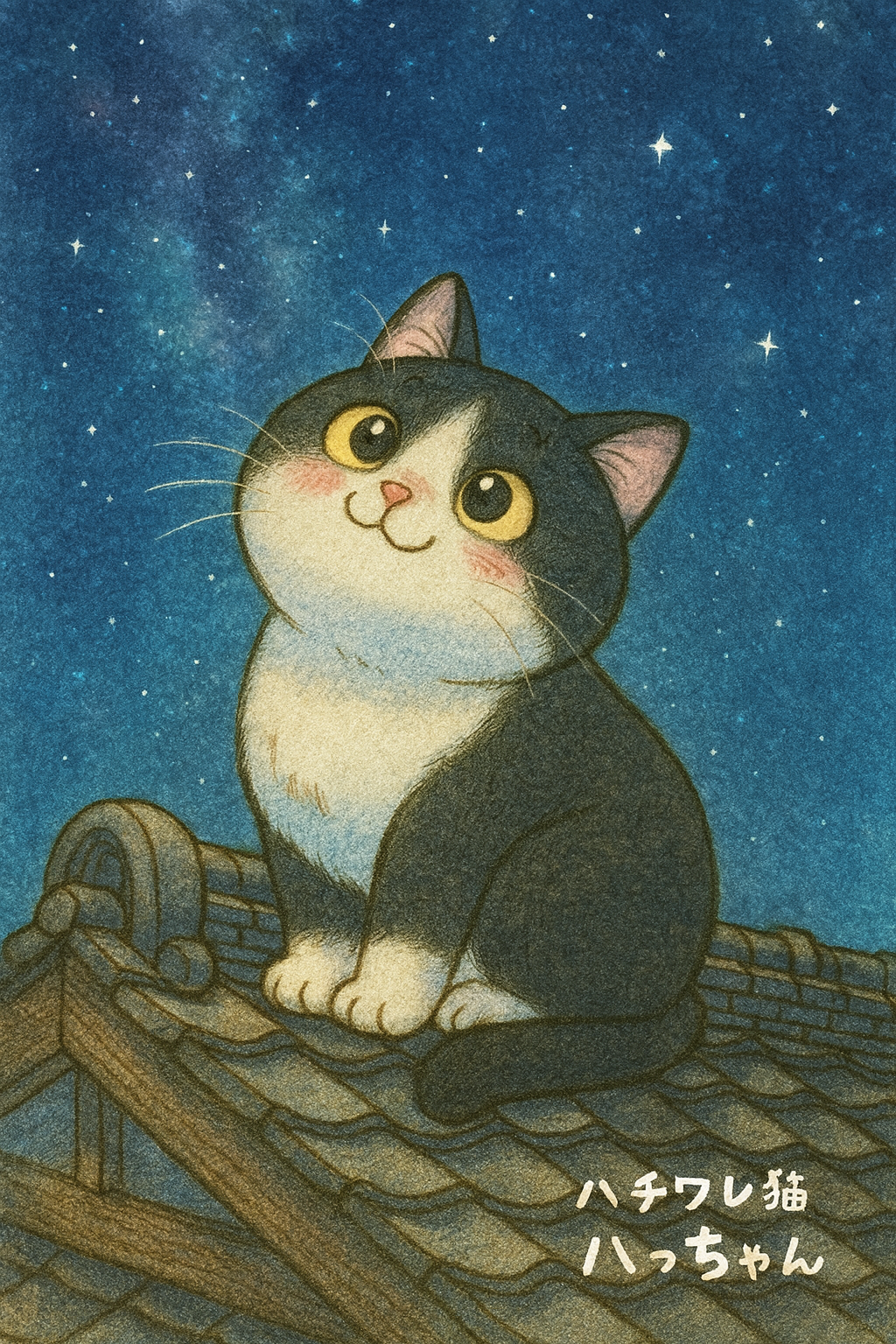 可愛いハチワレ猫が日本家屋の屋根の上から夜空を見上げている。