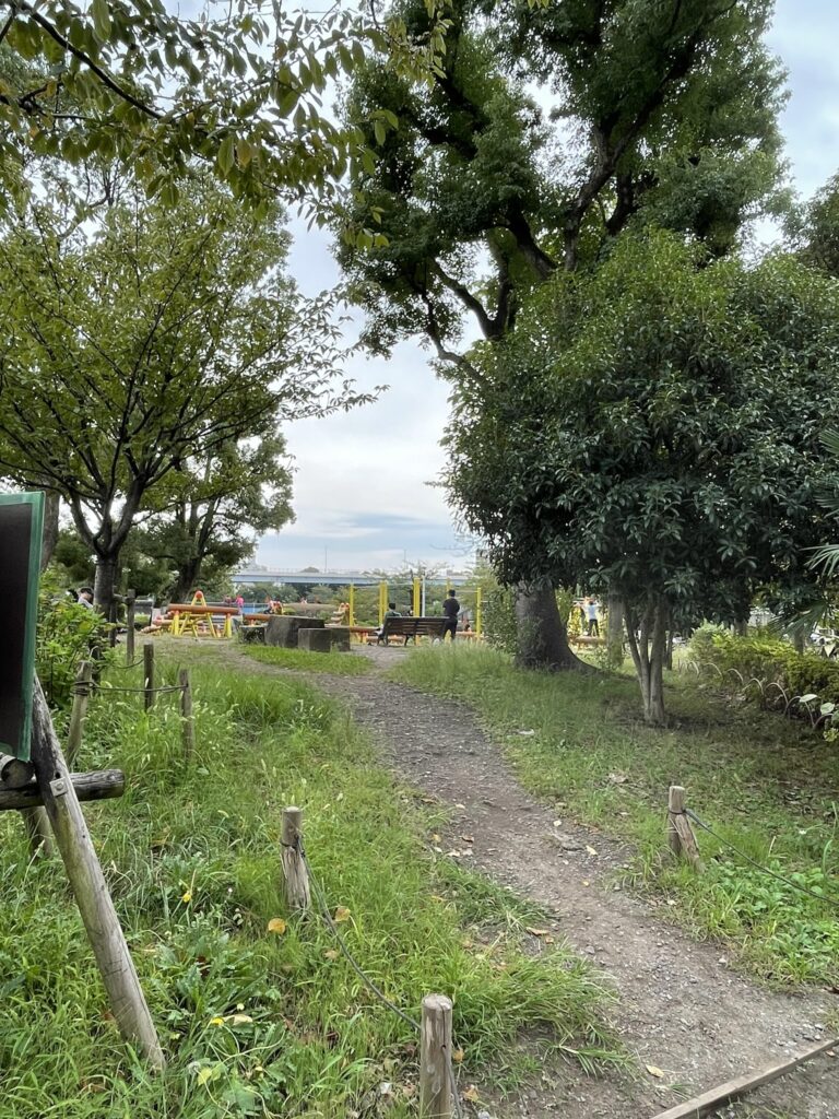 隅田公園の高台にある遊具広場の様子。
