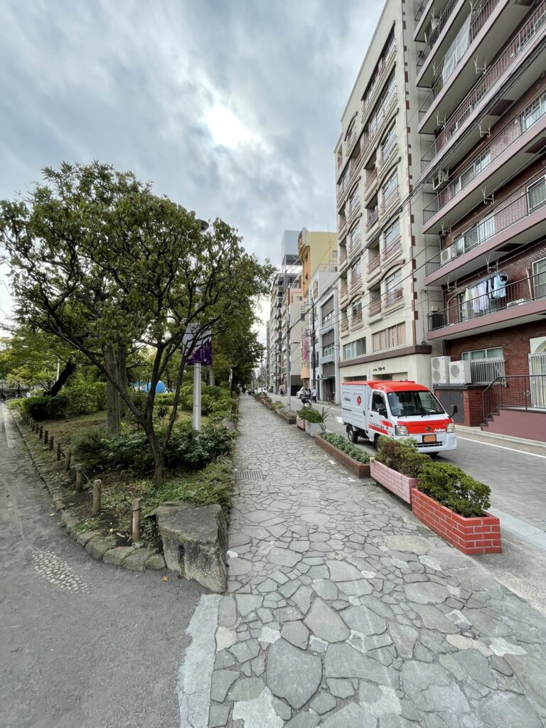 隅田公園の石畳の歩道と街路樹。