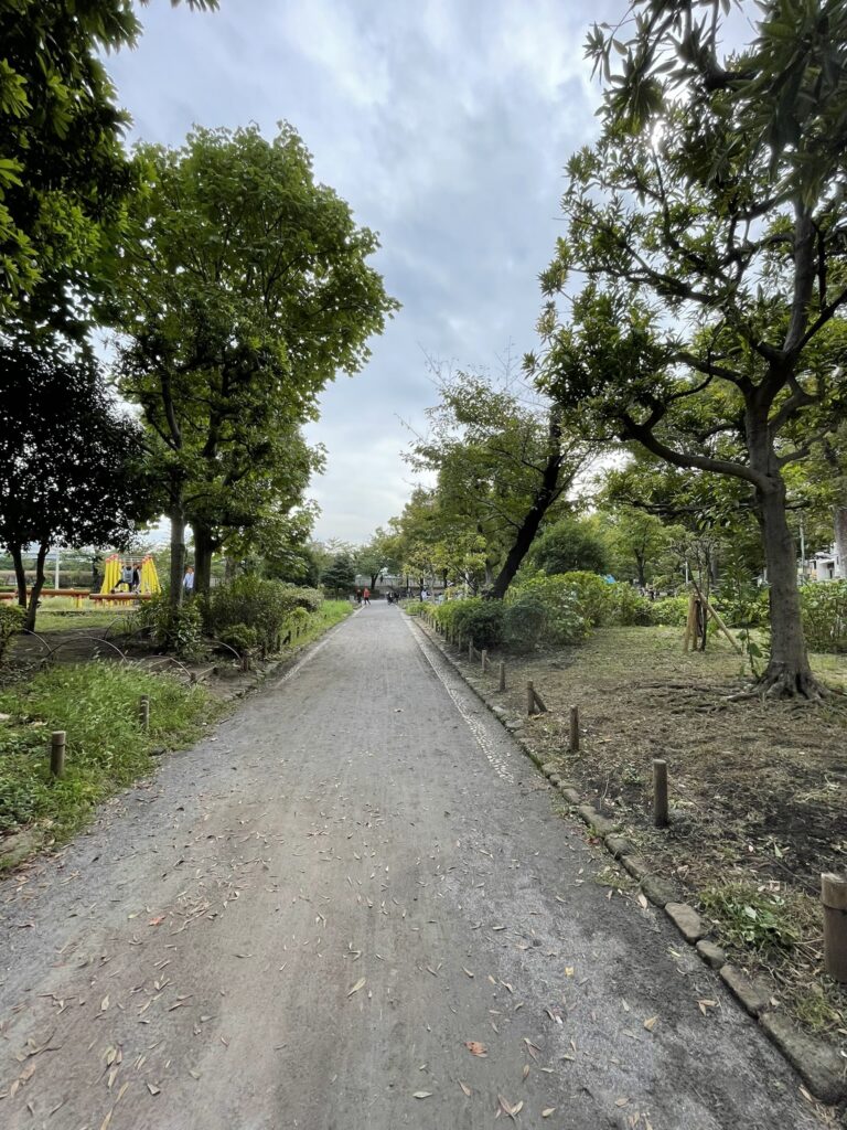 隅田公園の中央を通る公園内の歩道。
