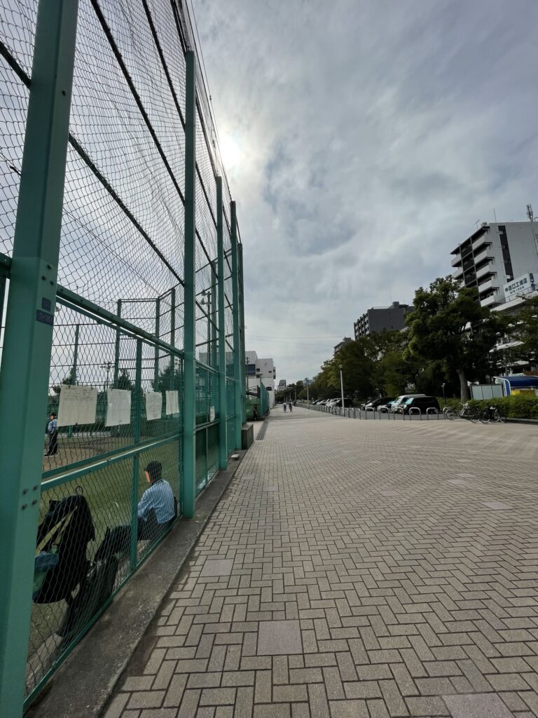 隅田公園・野球場のフェンスと並木のある通り。