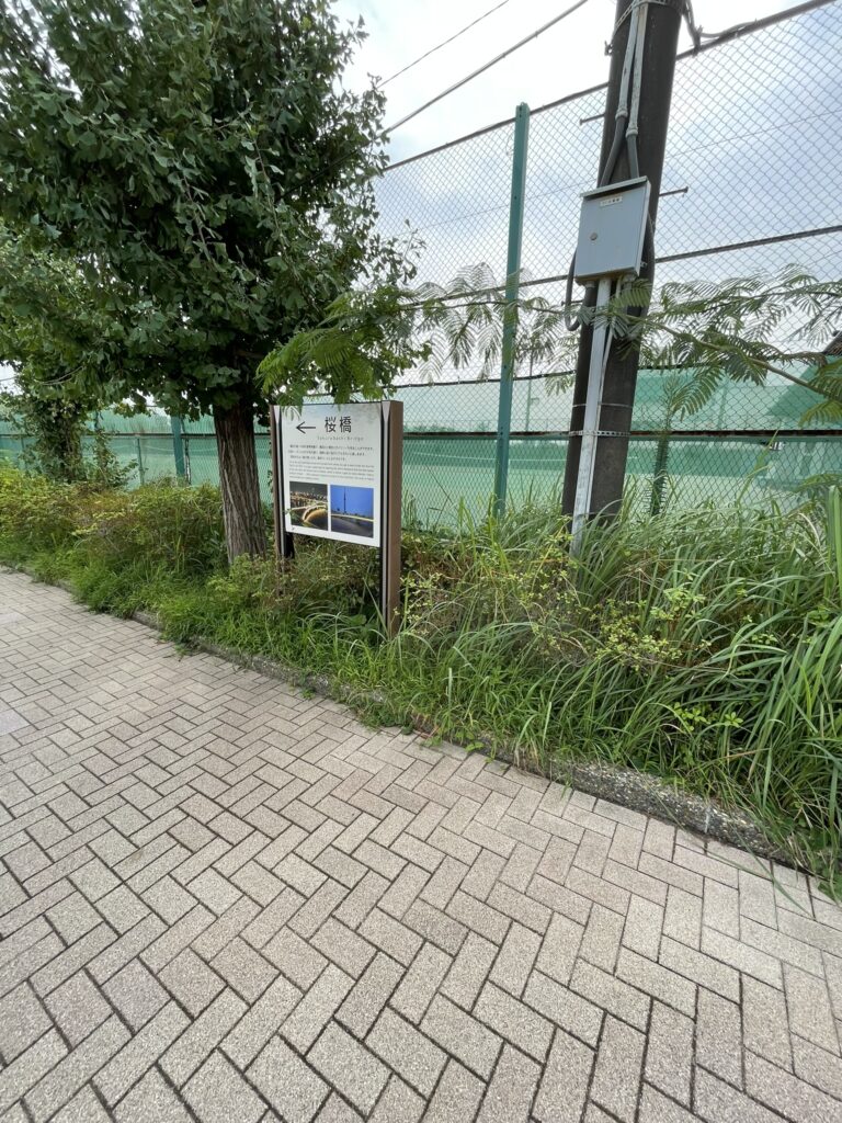 桜橋方向を示す案内板と隅田公園の緑道。