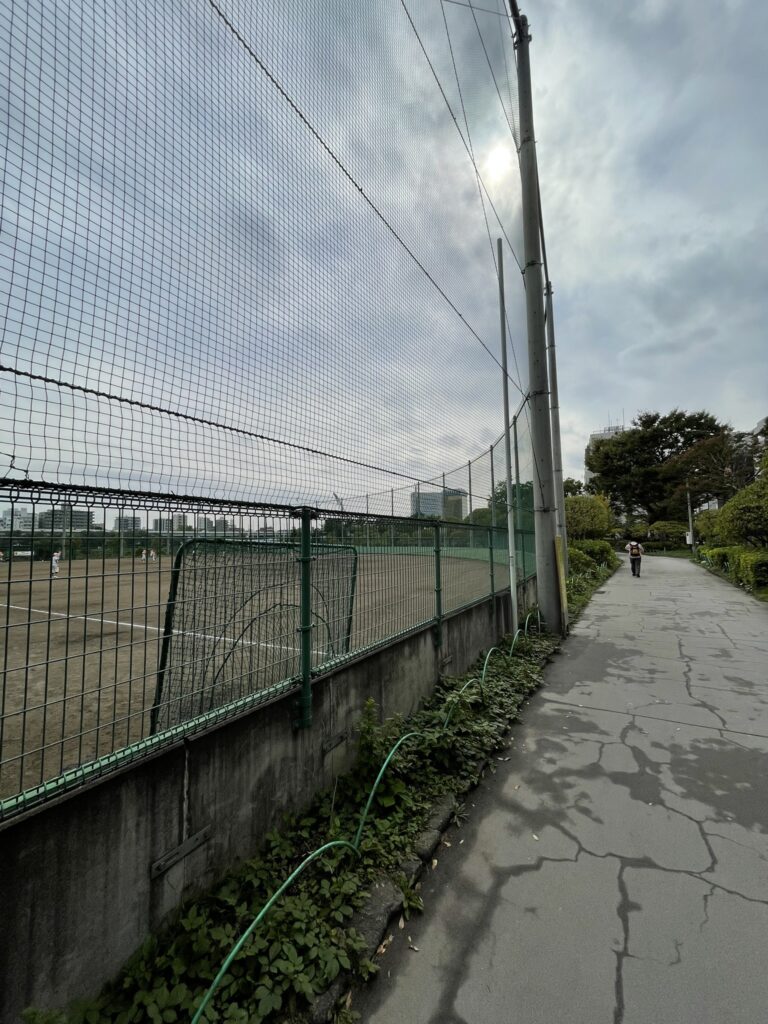 隅田公園の少年野球場と歩道。