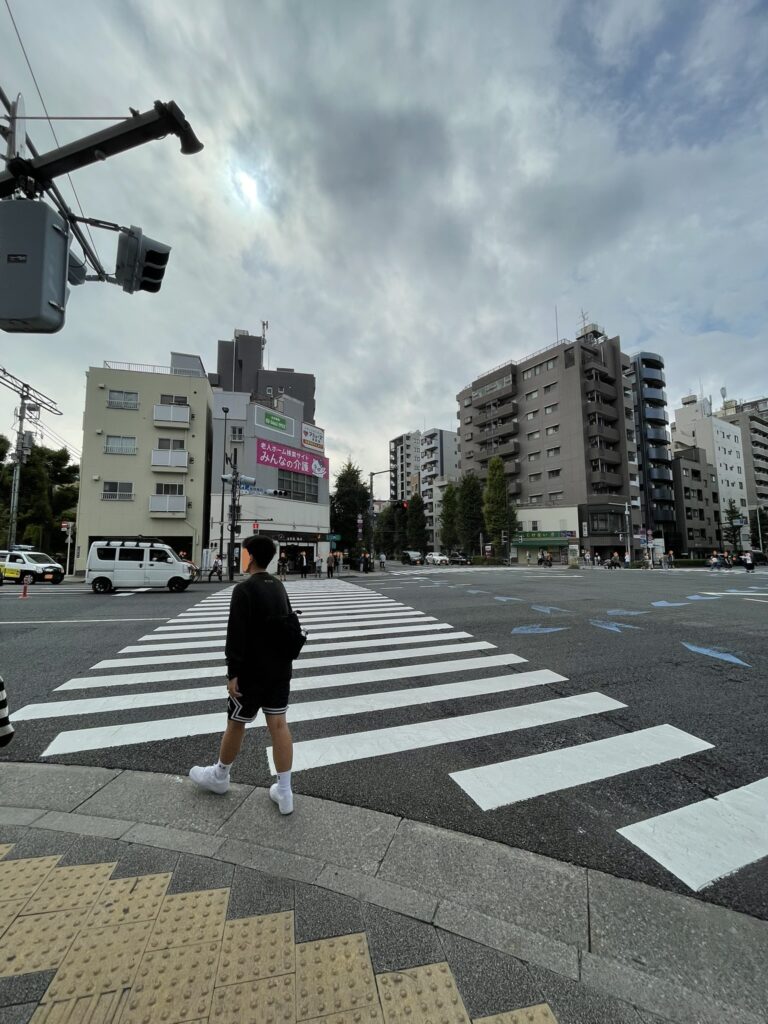 隅田公園前の交差点を渡る人々と周辺の建物。