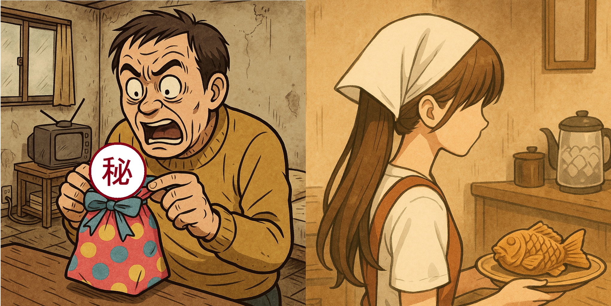 左側にプレゼント袋を開封して驚愕する男性のイラスト、右側にたい焼きを皿にのせて運ぶ若い女性のイラスト。