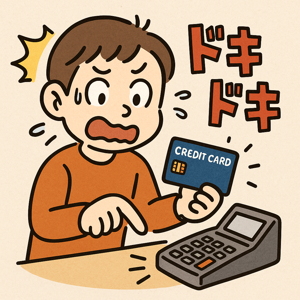 初めてクレジットカードを使う瞬間にドキドキしている人物のコミカルなイラスト。カードリーダーを前に緊張した表情を浮かべている様子。