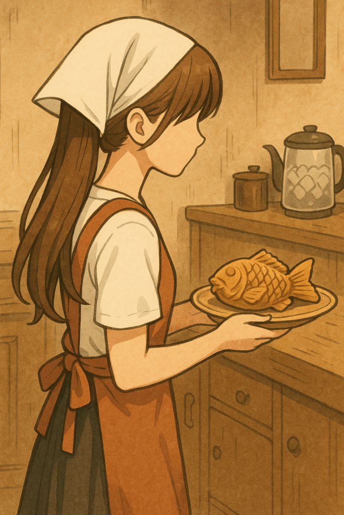 若い女性が店内で、たい焼きを皿にのせて運んでいる。