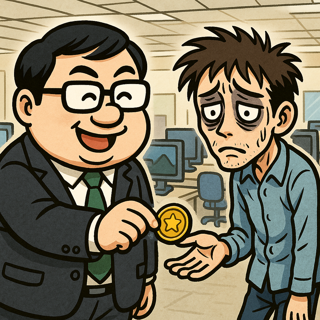 ブラック企業の社長が、新入社員にメダルを渡しているコミカルなイラスト。社長は黒ぶちメガネの小太りの男性で、新入社員は疲れ切った表情のやせた青年。背景にはパソコンが並ぶゲーム会社のオフィスが描かれている。