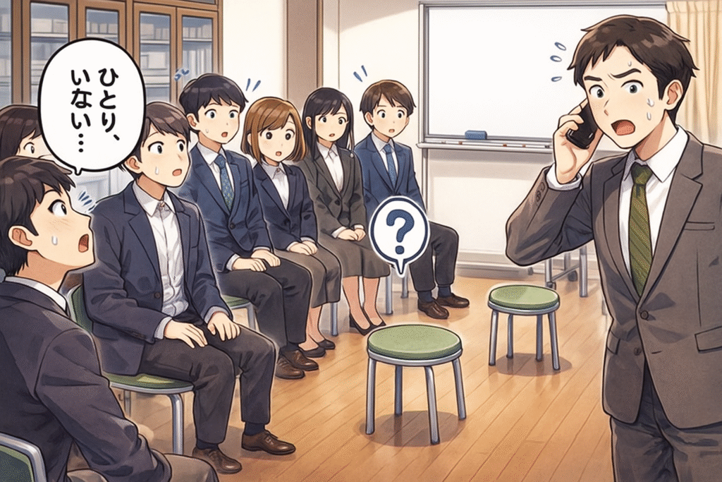 スーツ姿の学生がいる中、一人いなくなったアルバイトを前に、慌てて電話をかける社員のイラスト。