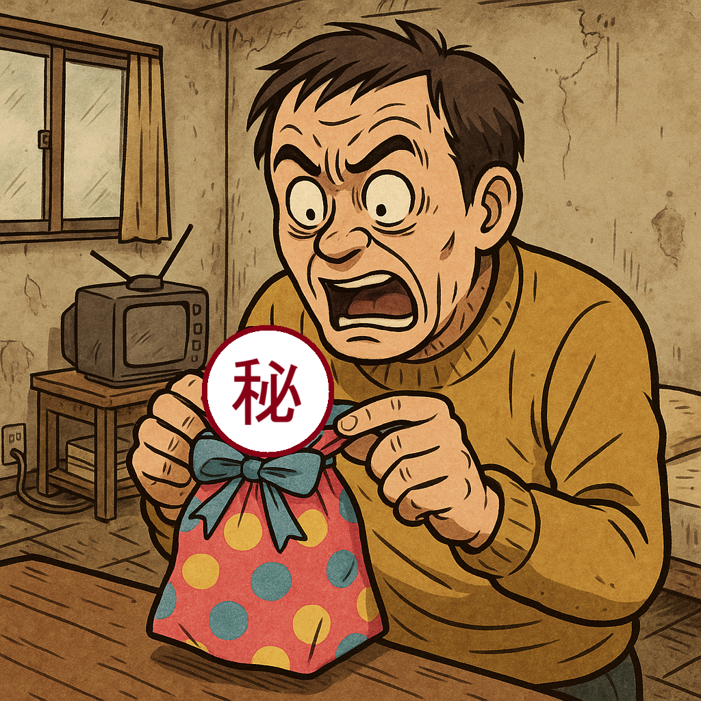 プレゼント用のラッピング袋を開け、質素な暮らしの男性が驚愕している。