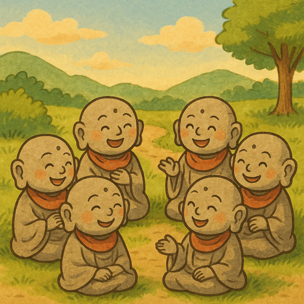 のどかな山あいの風景の中で、六体のお地蔵さまが仲良く楽しそうに語り合っている、ほっこりとしたカラーイラスト。