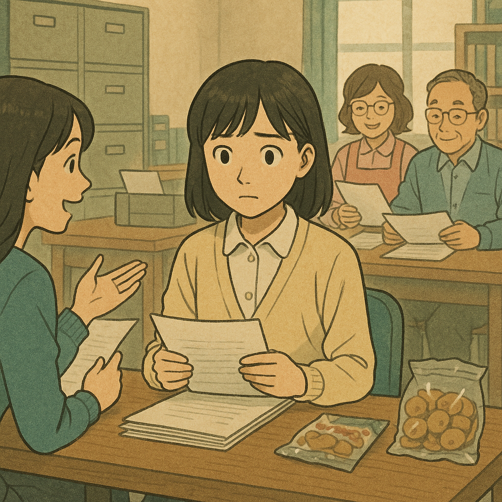 台東区での初めての事務補助アルバイトで、緊張しながら書類チェックをする大学生と、隣で明るく話しかける女子学生の様子。