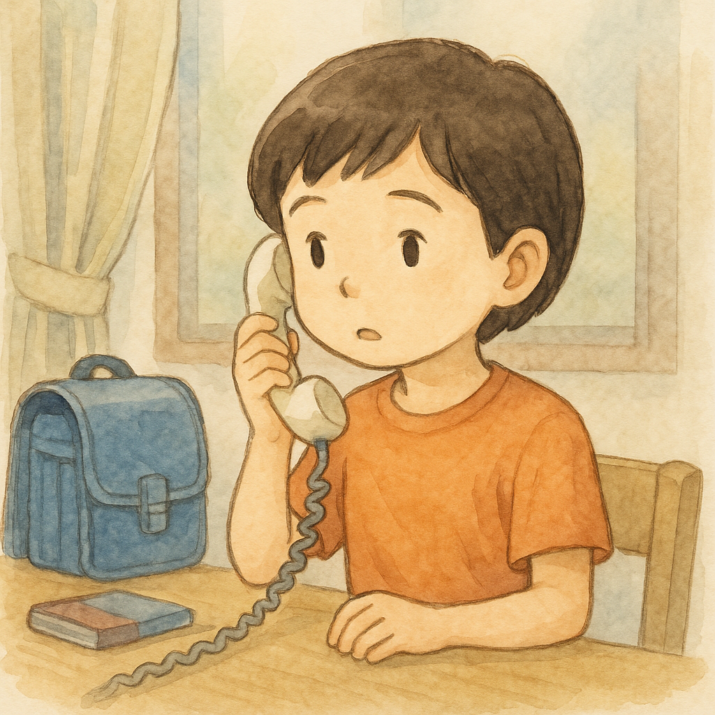 小学3年生の子供が日曜日の朝、自宅で電話を受け、不思議そうに耳を傾けている様子。